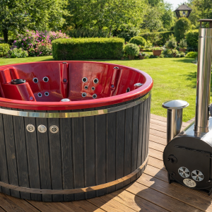2m Sarkans kubls ar Hidro masāžu + LED Gaisa masāža (ārējā krāsns)