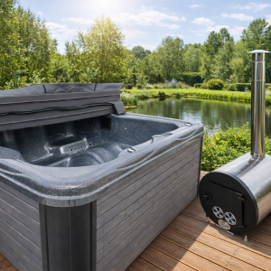 2,2x2,2m Pelēks kubls ar Hidro masāžu + LED Gaisa masāža (ārējā krāsns)